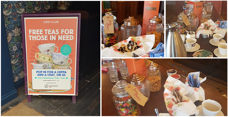 Collage of images taken at Cosy club of the 'free teas for those in need' social morning