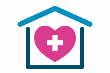 Care at home image image of a pink heart with a white cross in the centre surrounded by the outline of a house