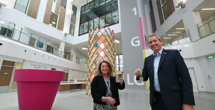 Sue Musson and James Sumner with the keys to the new Royal Liverpool University Hospital