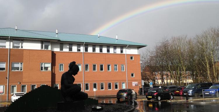 Liverpool Women's Hospital car park with rainbow