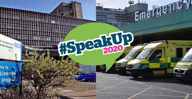 Image of Aintree and Royal Liverpool A&E department exteriors with #SpeakUp2020 logo