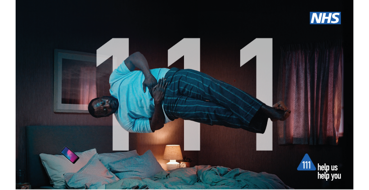 Image of man floating above bed taken from NHS 111 tv advert and text 'NHS 111 Help us Help you'