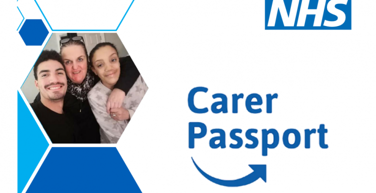 Image of the front page of an NHS Carers Passport. There is a photograph of three people hugging, next to the text 'NHS Carers Passport'