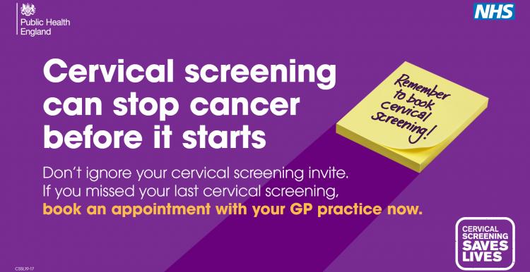 Purple banner with text: cervical screening can stop cancer before it starts. Don't ignore your cervical screening invite. If you missed your last cervical screening, book an appointment with your GP practice now.