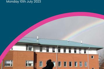 Front cover of Liverpool Women's Hospital report including photo of hospital exterior and a rainbow