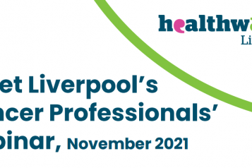A screenshot showing text which reads "Meet Liverpool's Cancer Professionals webinar, November 2021", with the Healthwatch  Liverpool logo in the top right.