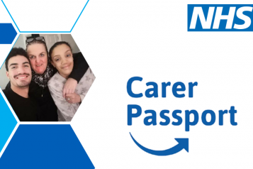 Image of the front page of an NHS Carers Passport. There is a photograph of three people hugging, next to the text 'NHS Carers Passport'