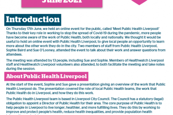 Public Event: Meet Public Health Liverpool. June 2021. The front page of the summary report
