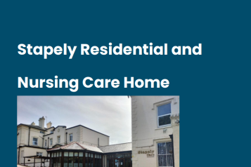 Front cover of our report, with a photograph of Stapley Care and text reading 'Stapley Residential and Nursing Care, Enter and View Report, July 2022'