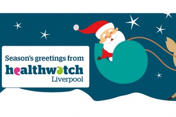 Season's greetings from Healthwatch Liverpool - santa riding a sleigh shaped like an inverted comma