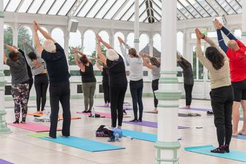 A group of people doing an indoor yoga session. The photo is taken from behind the group, and shows about 15 people, of various ages and genders, doing an upright yoga pose.