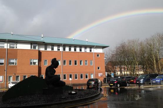 Liverpool Women's Hospital car park with rainbow