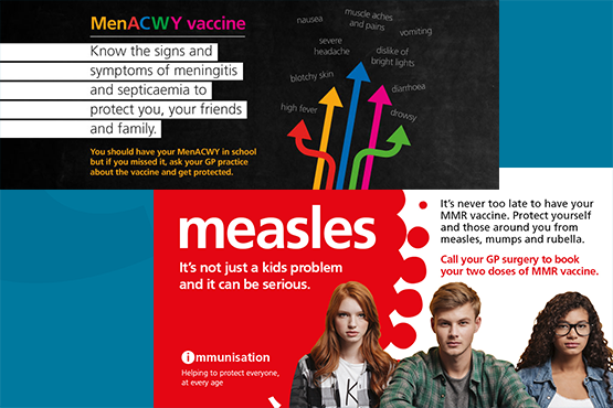 banner images promoting vaccinations for MMR and meningitis