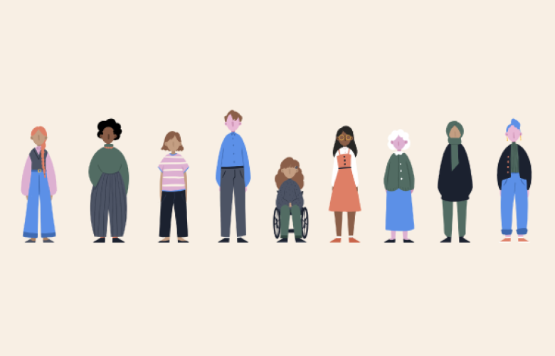 cartoon image of a row of people on a cream coloured background (image courtesy of The Survivors Trust)