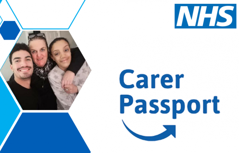 Image of the front page of an NHS Carers Passport. There is a photograph of three people hugging, next to the text 'NHS Carers Passport'