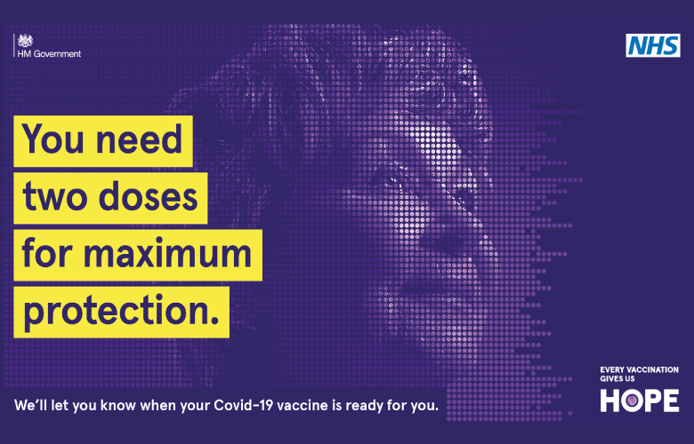 Every Vaccination Gives you hope campaign image. Blue rectangle with woman's face and the text: You need two doses for maximum protection - We'll let you know when your Covid-19 vaccine is ready for you